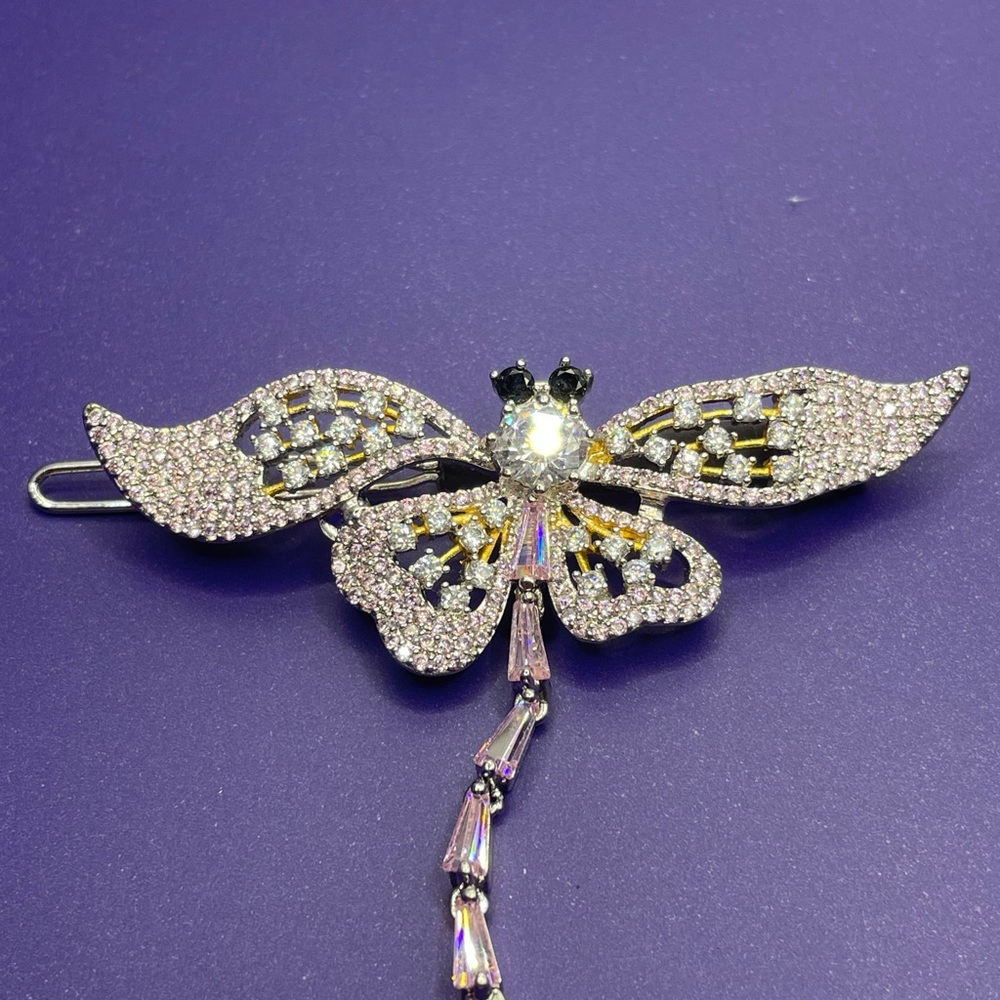 Crystal Dragonfly Hair Clip - Silver and Aurora Rhinestones